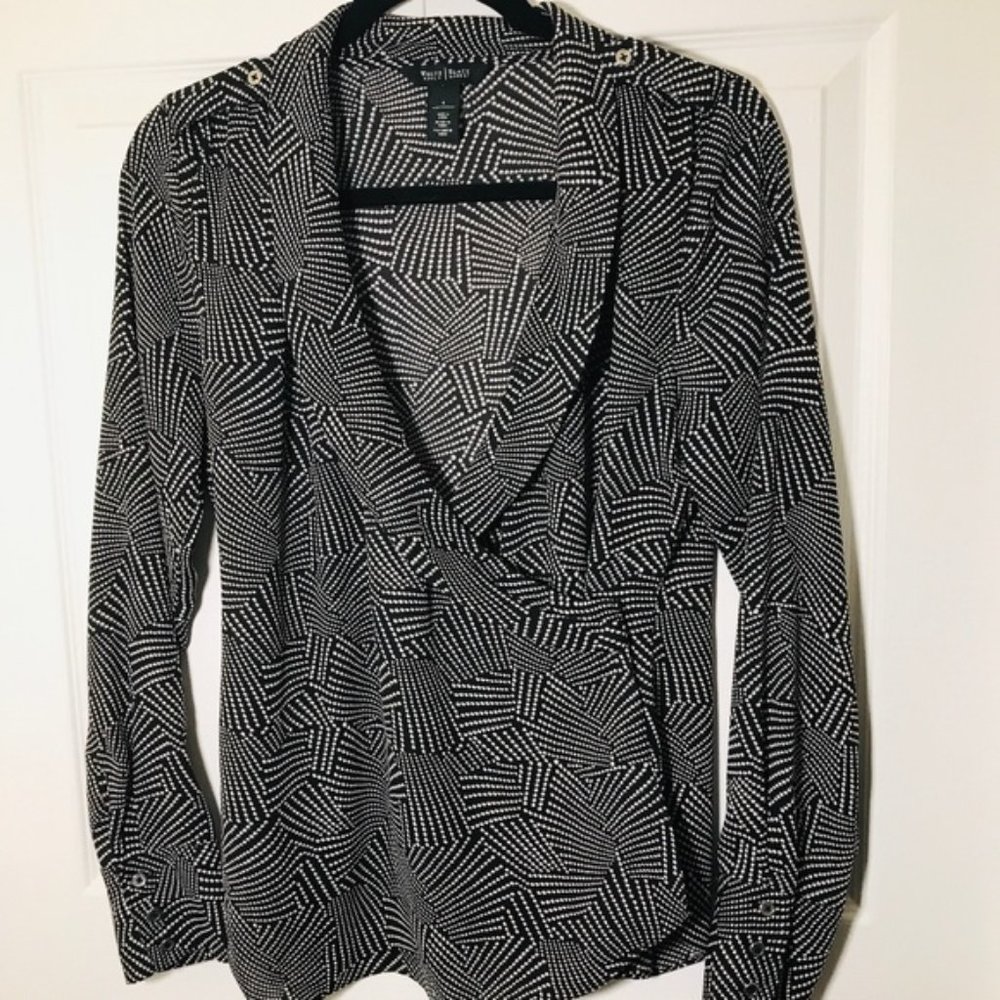 WHBM Black and White Faux Wrap Stretch Blouse Size 14
